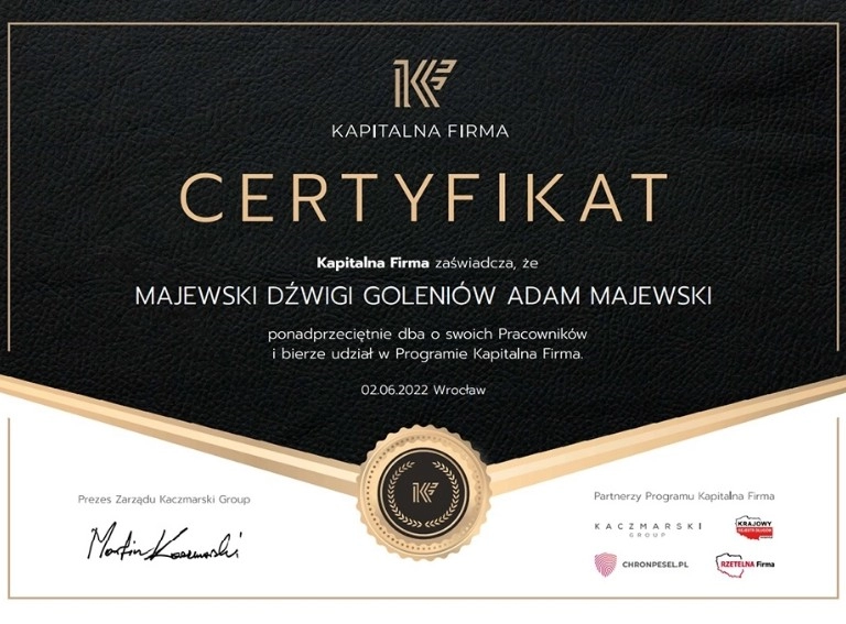 certyfikat Majewski Dźwigi Goleniów